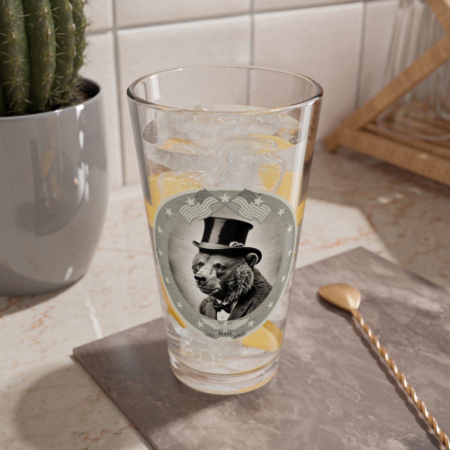 Top Hat Bear Glass Cup 16oz