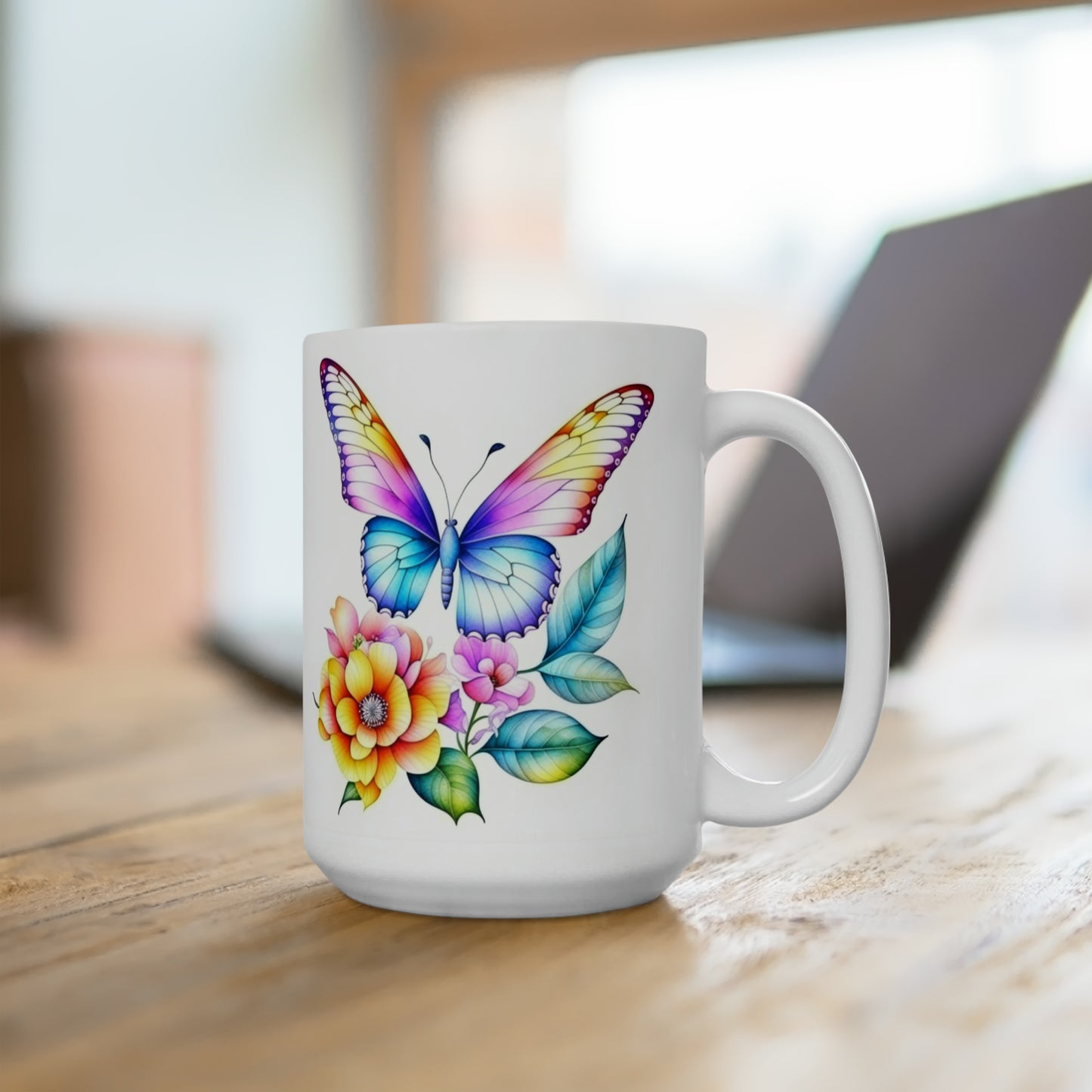 Beautiful Exotic Flowers & Butterfly Coffee Mug 15oz