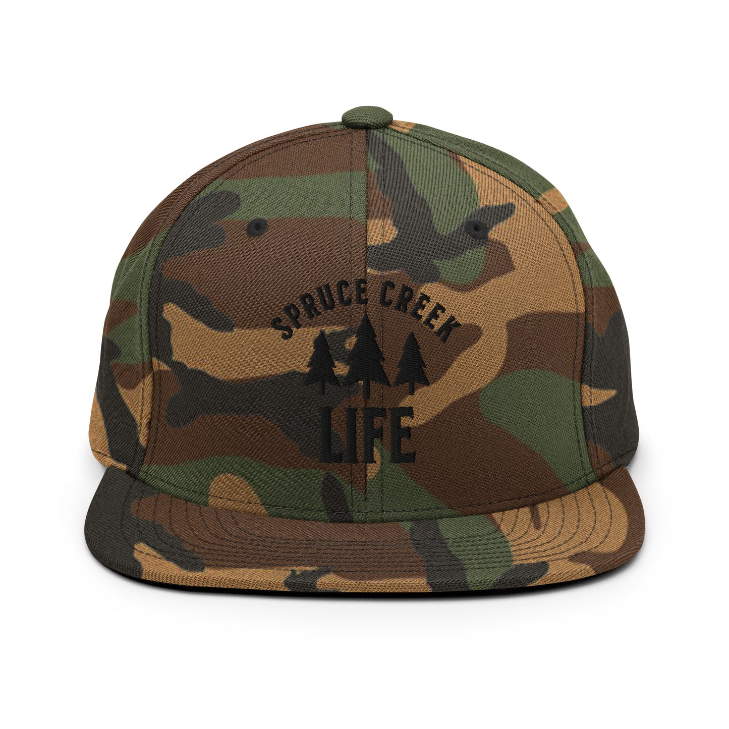 Spruce Creek Life Trees Black Emblem Snapback Flatbill