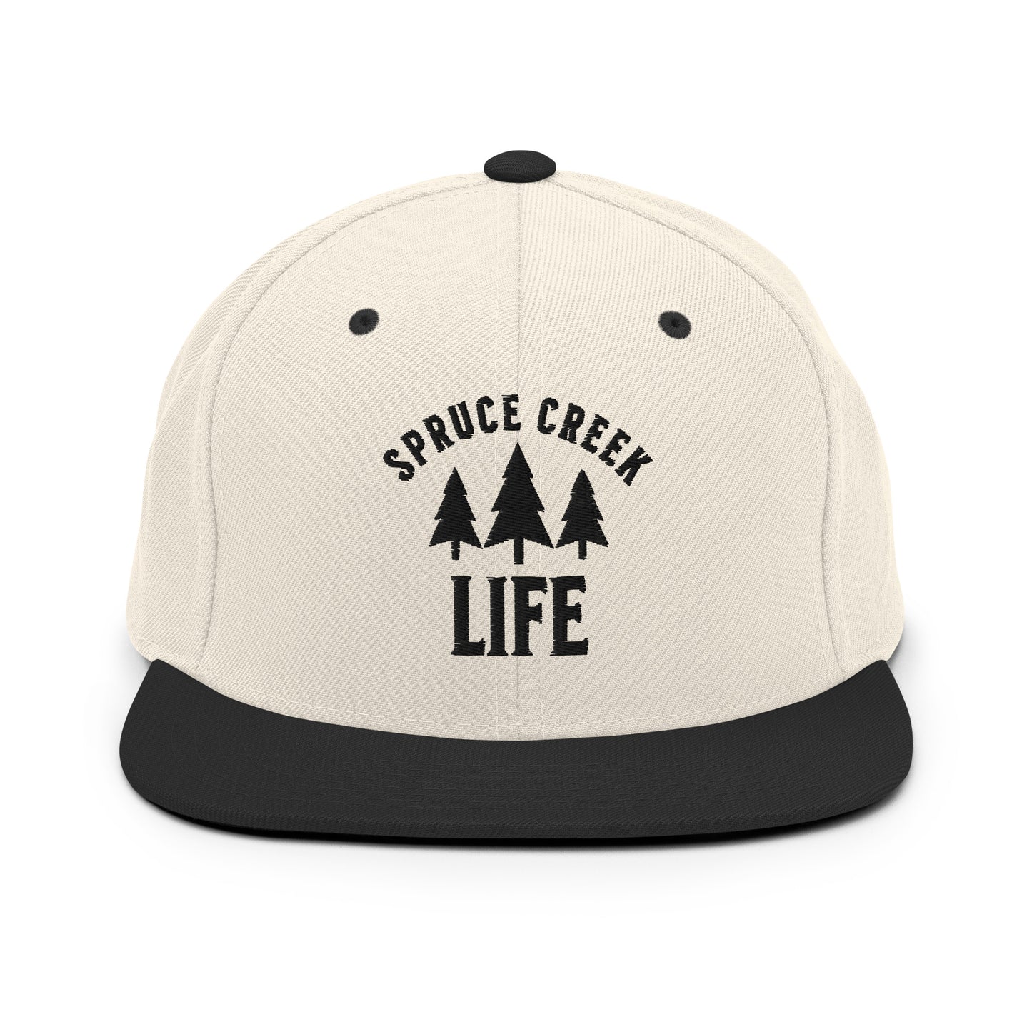 Spruce Creek Life Trees Black Emblem Snapback Flatbill